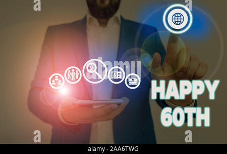 Writing note showing Happy 60Th. Business concept for a joyful occasion for special event to mark the 60th year Stock Photo