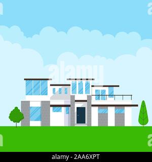 Modern house exterior flat style design vector illustration with roof, windows and shadows. Classic townhouse apartments. Fasade, green grass and tree Stock Vector