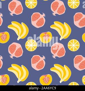 Seamless pattern with cute handdrawn fruits on blue background. Vector illustartion. Stock Vector