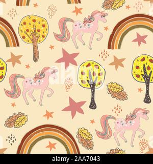 Seamless Terracotta pattern with Unicorns and rainbows. Repeating pattern. Childish Design. Stock Vector