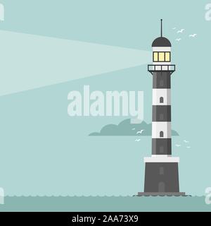 Vector cartoon flat lighthouse. Searchlight tower for maritime navigation guidance Stock Vector