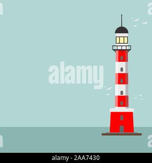 Vector cartoon flat lighthouse. Searchlight tower for maritime navigation guidance Stock Vector