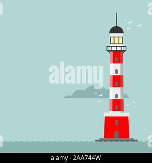 Vector cartoon flat lighthouse. Searchlight tower for maritime navigation guidance Stock Vector