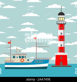 Vector cartoon flat lighthouse. Searchlight tower for maritime navigation guidance Stock Vector