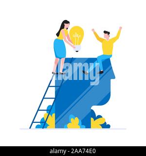Teamwork concept with tiny people characters working together with big head, light bulb and tiny people characters. Teamwork and time management conce Stock Vector