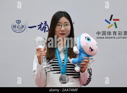 Putian, China's Fujian Province. 20th Nov, 2019. Kim Minjung of South Korea poses during the awarding ceremony after the women's 25m pistol final at the ISSF World Cup Final in Putian, southeast China's Fujian Province, Nov. 20, 2019. Credit: Lin Shanchuan/Xinhua/Alamy Live News Stock Photo