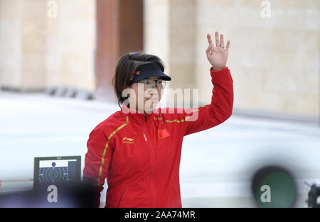 Putian, China's Fujian Province. 20th Nov, 2019. Zhang Jingjing of China greets the audience after the women's 25m pistol final at the ISSF World Cup Final in Putian, southeast China's Fujian Province, Nov. 20, 2019. Credit: Lin Shanchuan/Xinhua/Alamy Live News Stock Photo