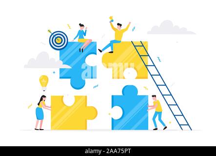 Teamwork concept with tiny people characters working together with big jigsaw puzzle pieces. Teamwork and time management concept flat style design ve Stock Vector