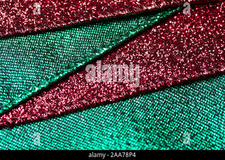 Macro abstract background of glittering red and green holiday ribbon design texture Stock Photo
