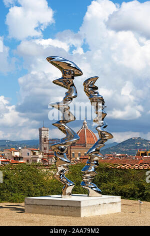 tony cragg sculptures, elliptical column and point of view at boboli gardens in florence, italy.