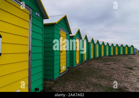 Plastic beach huts on West Beach in Littlehampton West Sussex in Autumn Stock Photo