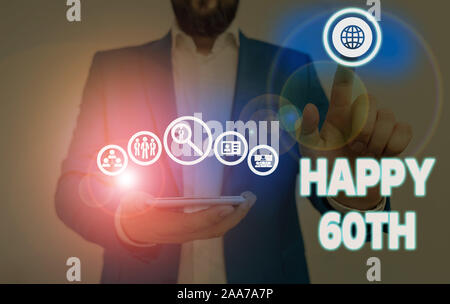 Writing note showing Happy 60Th. Business concept for a joyful occasion for special event to mark the 60th year Stock Photo