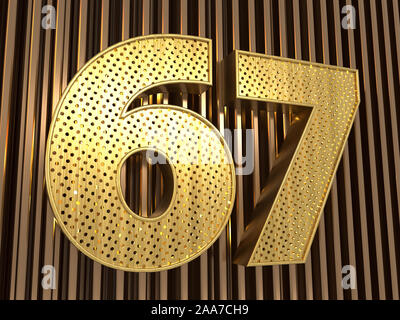 Gold number 67 (number sixty-seven) with perforated black metal ...