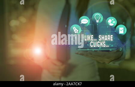 Writing note showing Like Share Clicks . Business concept for Content Marketing to Increase Engagement Social Media Stock Photo