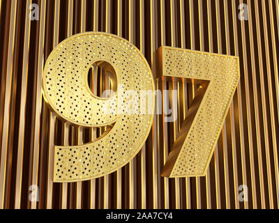 number 97 (number ninety-seven) perforated with small holes on the metal background. 3D illustration Stock Photo