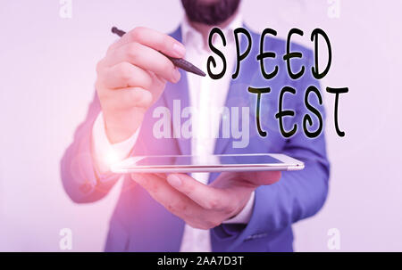 Handwriting text Speed Test. Conceptual photo psychological test for the maximum speed of performing a task Businessman pointing with pen in empty cop Stock Photo
