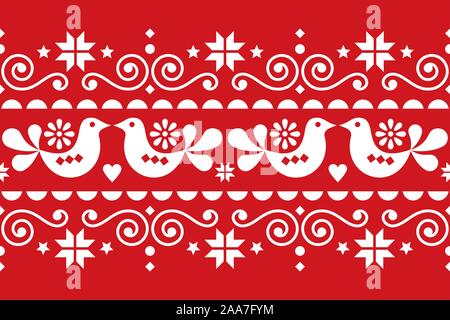 Christmas folk art vector seamless textile pattern, Scandinavian, Nordic festive pattern with birds, Christmas trees, snowflakes and hearts Stock Vector