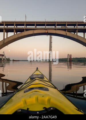 river descent bridge on the top at sunset Stock Photo