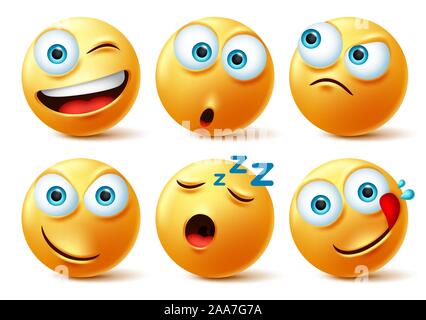 Smiley emoticon faces vector set. Smileys emoticons of yellow face in naughty, sleepy, hungry, surprise and angry in 3d realistic avatar isolated. Stock Vector