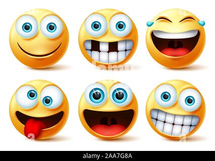 Smiley emojis vector face set. Smileys emoticons and emoji cute faces in crazy, funny, excited, laughing, and toothless facial expressions isolated. Stock Vector