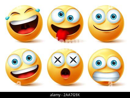 Smileys emoji and emoticon faces vector set. Smiley emojis or emoticons with crazy, surprise, funny, laughing, and scary expressions for design. Stock Vector