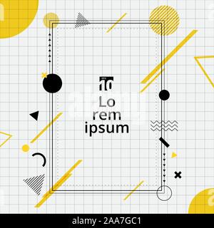 Creative template rectangle frame border yellow and black geometric circle, triangle, line on grid background memphis style. You can use for design co Stock Vector