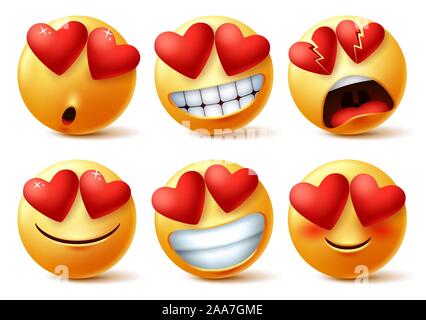 Smiley emoticons or emojis face with heart eye vector set. Smileys emoji of red hearts with in love, broken, blissful, happy and funny for love sign. Stock Vector