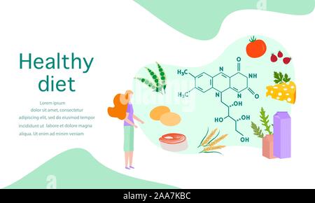 Vector illustration with people, healthy foods rich in vitamins. Healthy lifestyle, proper nutrition,  diet concept. Vitamin B2 sources. Design for ap Stock Vector