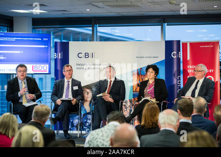 (left to right) Dr Stephen Farry and Alliance Party Deputy Leader), Sir Jeffrey Donaldson, Chris Hazzard, Claire Hanna and Dr Steve Aiken during the CBI NI business election hustings at the Law Society of Northern Ireland. Stock Photo