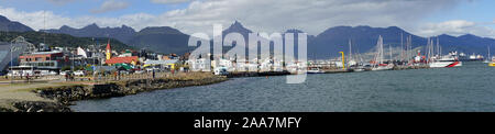 Panorama view of town Ushuaia waterfront on Beagle Canal, Tierra del Fuego, Argentina Stock Photo