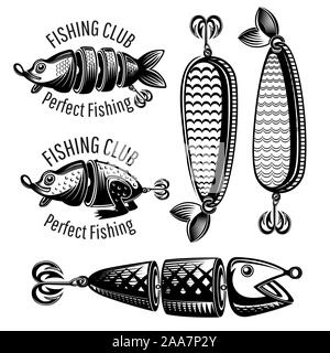 Bait fishes and frog on white in engraving style. Label for fishing or fishing shop on white Stock Vector