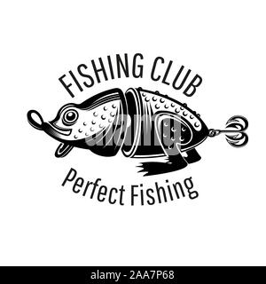 Bait frog on white in engraving style. Label for fishing or fishing shop on white Stock Vector