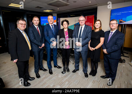 (left to right) Dr Stephen Farry, Chris Hazzard, Trevor Lockhart CBI NI chair and CEO of Fane Valley, Claire Hanna, Dr Steve Aiken, Angela McGowan CBI NI director and Sir Jeffrey Donaldson during the CBI NI business election hustings at the Law Society of Northern Ireland.
