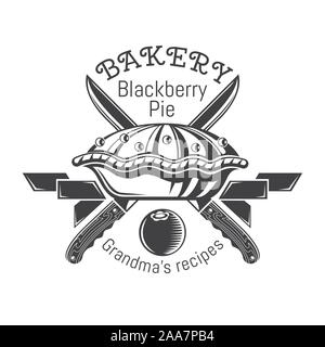 Blackberry pie with ribbons and cross knives. Logo for bakery, pastry, menu or business Stock Vector
