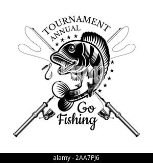 Perch fish bend with crossed fishing rod in engrving style. Label for fishing, championship and sport club on white Stock Vector