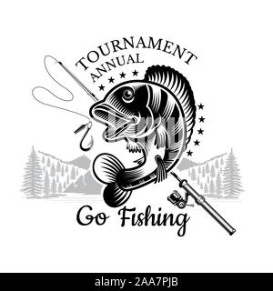 Perch fish bend with fishing rod and landscape backside in engrving style. Label for fishing, championship and sport club on white Stock Vector