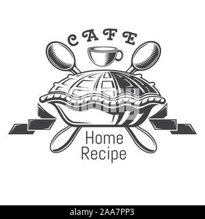 Pie with ribbons and cross spoons. Logo for bakery, pastry, menu, cafe or business Stock Vector