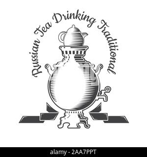 Russian samovar with ribbons and teapot. Logo for cafe, teahouse, tea party or business Stock Vector