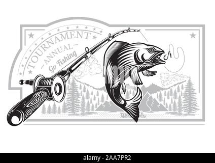 Salmon fish bend in engrving style with fishing rods on nature background. Label for fishing, championship and sport club on white Stock Vector