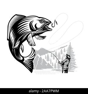 Salmon fish bend with fisher and landscape in engrving style. Label for fishing, championship and sport club on white Stock Vector