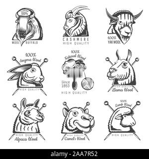 Set of head wool animals, yak, goat, rabbit, camel, lama, alpaca, sheep, and lamb with crossed knitting needles. Label for knitted craft related site Stock Vector