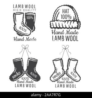 Set of knitted wear labels socks, hat black and white. Label for craft related site or business Stock Vector