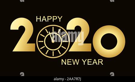 Vector 2020 Happy New Year background with gold clock. Isolated illustration on black background. Stock Vector