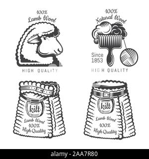 Set of wool labels sheep and tweed kilt. Label for knitted craft related site or business Stock Vector