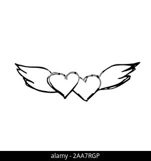 Hearts with wings. Hand drawing sketch for Valentine's Day. Black outline can be printed on textile, wallpaper, wrapping paper, greeting cards, used in logo, banner, landing page. Vector Illustration. EPS10 Stock Vector