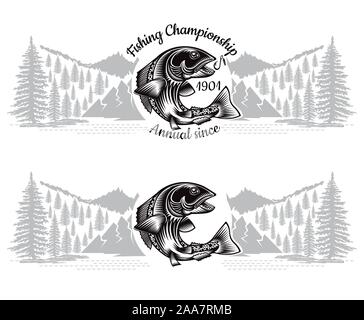 Two banners with salmon fish bend silhouette with crossed fishing rod in engrving style with landscape. Label for fishing, championship and sport club Stock Vector