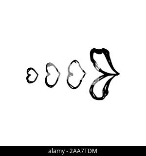 Air kiss with lips and hearts. Hand drawing sketch for Valentine's Day. Black outline can be printed on textile, wallpaper, wrapping paper, greeting cards, used in logo, banner, landing page. Vector Illustration. EPS10 Stock Vector