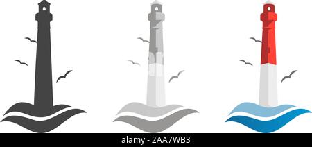 lighthouse and ocean waves. logo icon. Set in flat style. Lighthouse stylish design. Vector Stock Vector