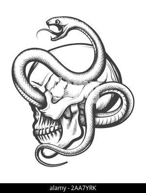 Tattoo of Human Skull in side view Entwined By Snake drawn in Engraving style. Vector Illustration Stock Vector