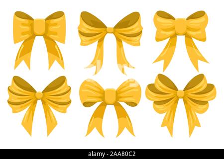 Set of Golden cartoon Bow isolated on white. Vector illustration. Stock Vector